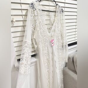 Rare Imported Ivory Lace Embroidered Long Sleeve Gown with Pearls detail